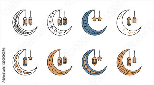 Ramadan moon lantern and stars hand drawn doodle vector illustrations.