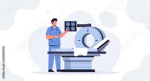Doctor with MRI Scan and CT Scanner in Modern Medical Clinic