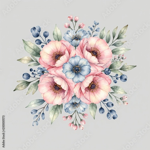 Watercolor Floral Bouquet with Pink and Blue Anemones