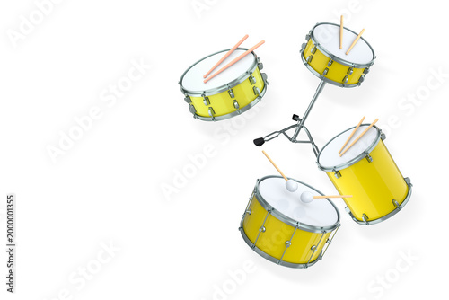 Set of drums and drumset with metal cymbals on white background