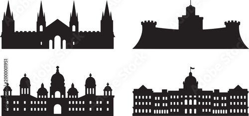 Set of Four Detailed Architectural Silhouettes of Historical Palaces and Government Buildings