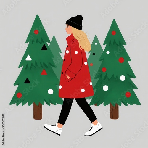 Woman in Red Coat Walking Through Decorated Christmas Trees