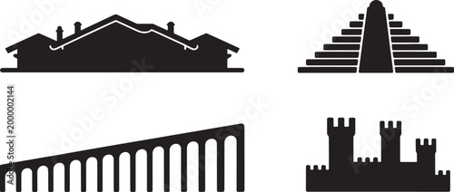 Set of Four Historic Architectural Silhouettes Featuring a Mansion, Pyramid, Bridge and Castle