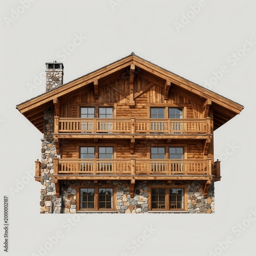 Wooden Chalet with Stone Foundation and Balconies