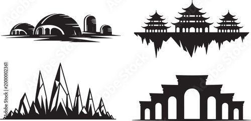 Set of Four Stylized Silhouette Icons Featuring Famous World Landmarks and Historical Structure