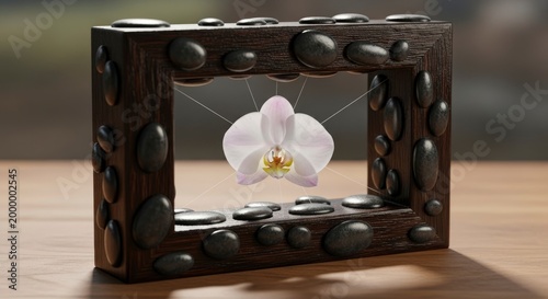 Pebble frame with white orchid.