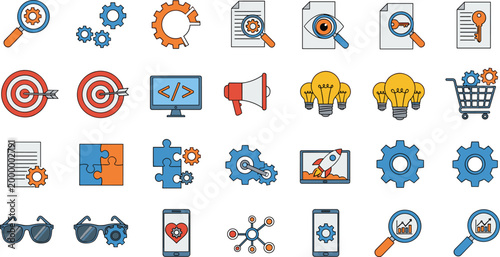 Business and technology icons vector set with target gear analytics coding marketing and innovation symbols, modern flat line design collection for apps and web