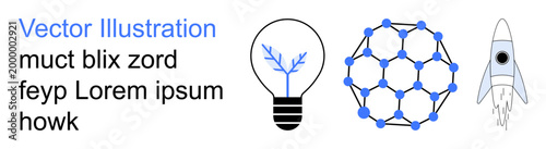 Technology, science, education, innovation, energy, exploration. Features a light bulb with a tree, a molecular structure and a rocket. Science and innovation concepts highlighted