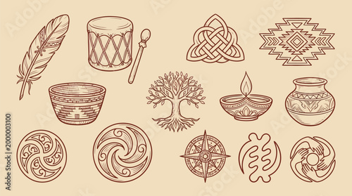 A collection of diverse cultural symbols and artifacts, including feathers, drums, pottery, and geometric designs, presented in a sepia-toned illustration.