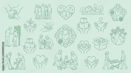 A collection of line art icons depicting various aspects of community, family, and charitable giving, set against a light green background.