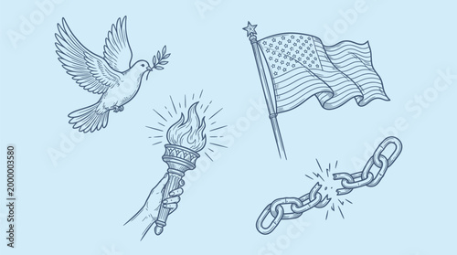 A collection of symbolic illustrations including a dove with an olive branch, a hand holding a torch, a broken chain, and a waving American flag.