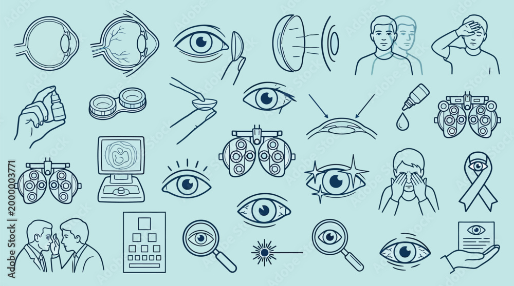 Fototapeta premium Collection of illustrations depicting various aspects of eye care, vision testing, and ophthalmology procedures.