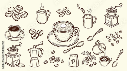 A charming hand-drawn illustration showcasing a variety of coffee-related elements, including beans, cups, grinders, and brewing equipment, presented in a vintage style.