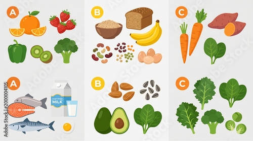 Infographic of healthy food groups for Vitamin A B and C sources