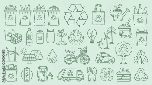 A collection of hand-drawn icons representing environmental conservation, recycling, and sustainable living practices.