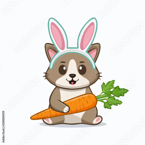 Cute Cartoon Animal Wearing Bunny Ears Holding a Carrot