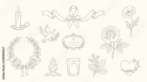 A collection of delicate line art illustrations featuring funeral and memorial elements, including a dove, candles, flowers, and a wreath.