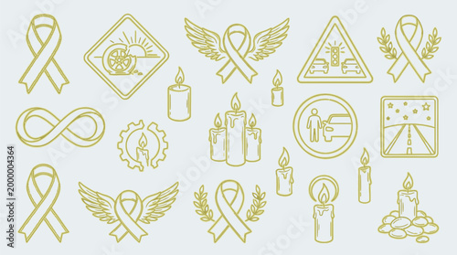 Collection of golden line art icons representing awareness, remembrance, and social issues, including ribbons, candles, and symbolic road signs.