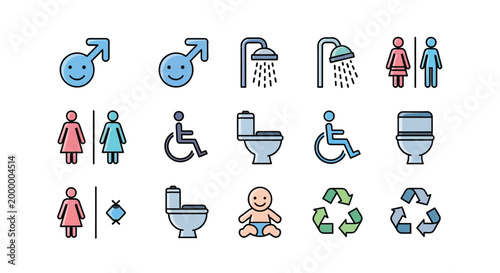 Bathroom and accessibility icons set line style