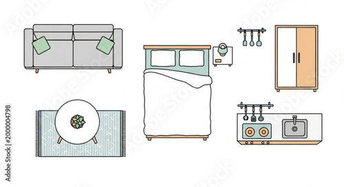 Photos Top view of modern home interior furniture layout illustration.