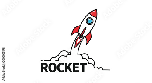 Rocket ship illustration with flame and smoke trail white background