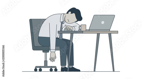 A tired man sleeping at his desk with a laptop and a coffee mug, depicting exhaustion or burnout.
