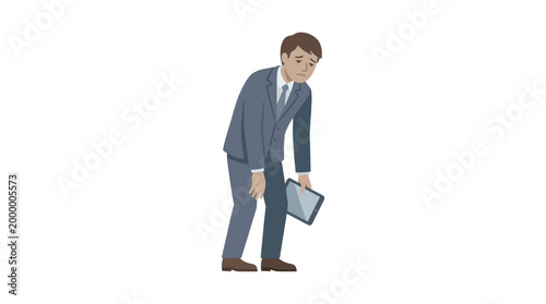 A tired businessman with slumped shoulders holding a tablet, looking exhausted and dejected from work stress.