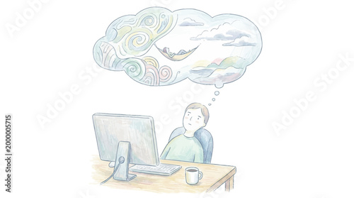 A person at a computer desk daydreaming about nature and relaxation, with a thought bubble showing a hammock and clouds.