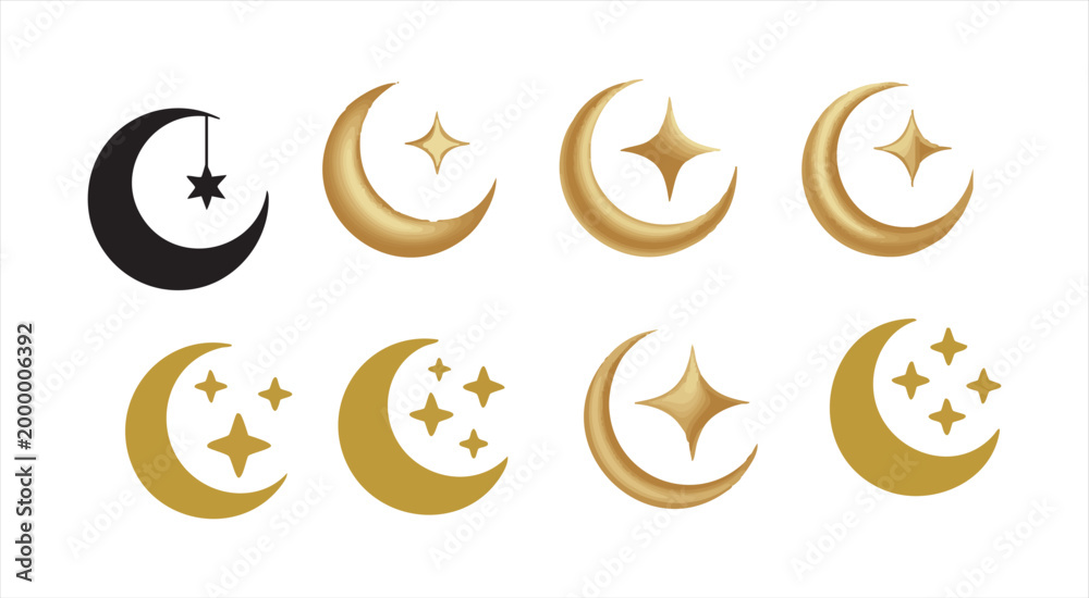 Obraz premium Golden crescent moon and stars, decorative night sky elements, shiny celestial symbols set.