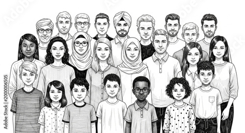 Diverse Group of People Standing Together in a Crowd Illustration.