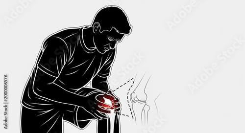 Man Examining Injured Knee with Red Highlight, Expressing Pain.