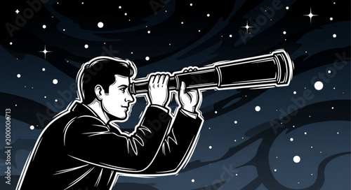 Man Gazing at Stars Through Telescope - A Nighttime Observation.
