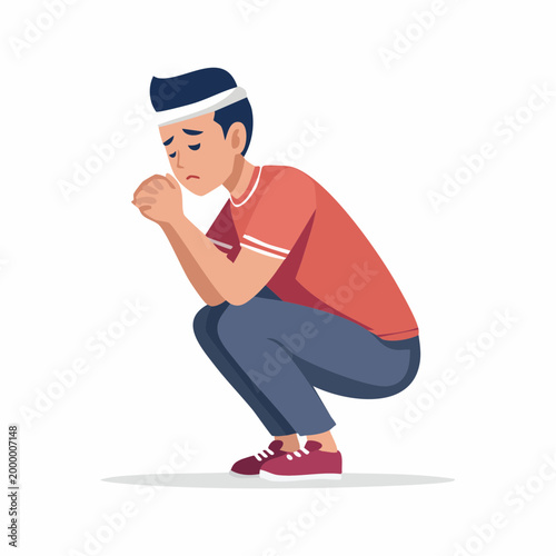 Sad Person with Bandage on Head Crouching