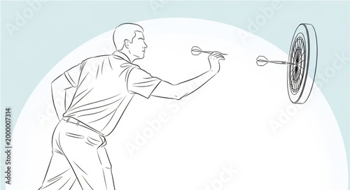 Man throwing dart at dartboard in focused concentration.
