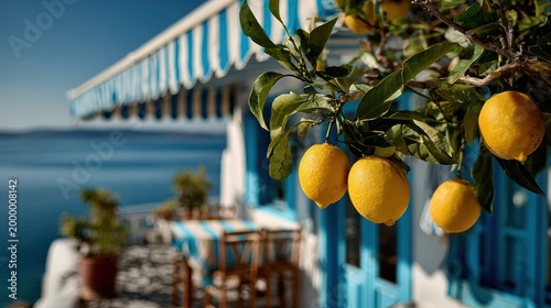 Fresh Lemon tree in Traditional greek Santorini house with bougainvillea flowers,Greece islands blue white traditional cafe restaurant architecture,Santorini blue door window,Mediterranean.