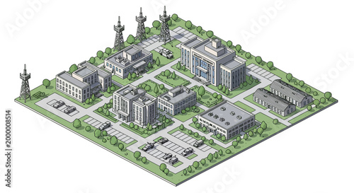 Isometric view of a military base layout featuring various buildings and parking areas, rendered with detailed architectural precision and a clean, white background that emphasizes