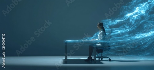 Young Asian Business Professional in Modern Office Surrounded by Glowing AI Neural Networks and Holographic Data Streams, Minimal Clean Workspace with Soft Blue Cinematic Lighting