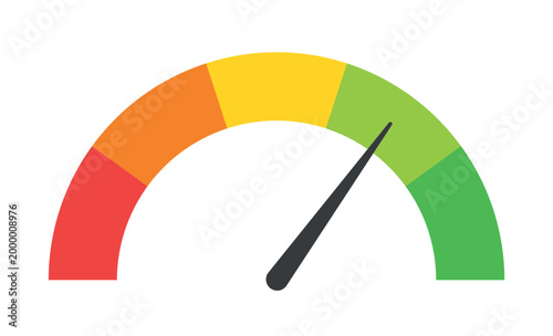 High performance gauge with arrow pointing to green zone showing positive rating success efficiency or high score indicator isolated on transparent background