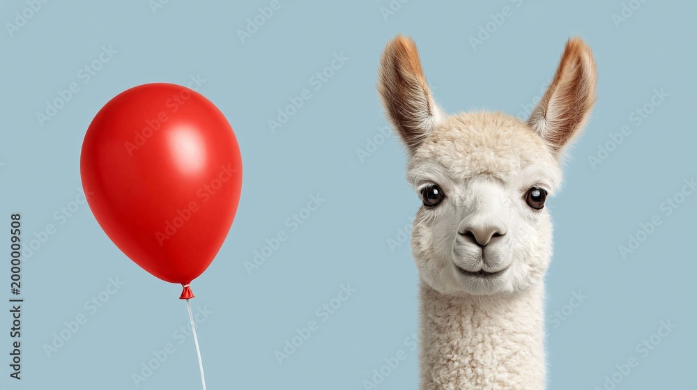 Fototapeta premium Alpaca with a cheerful expression stands next to a bright red balloon against a light blue background, creating a whimsical and playful scene