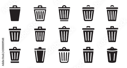 Functional trash container icons for waste disposal and file deletion symbols in software and web interfaces.