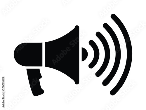 Loudspeaker icon, black megaphone symbol, sound waves vector graphic. Communication, announcement, and marketing concept illustration for web and print.