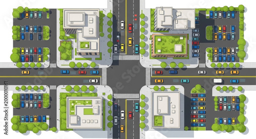 Aerial view of a modern city intersection with buildings and cars.