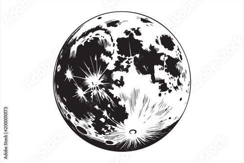 Isolated full moon graphic illustration with realistic crater details for celestial design theme.