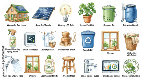 Sustainable home and zero waste living icons with solar panels, compost bin, rain barrel, plants, recycling, reusable bag and eco household items