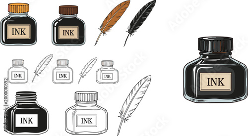 Vintage Inkwell and Quill Feather Pen Vector Illustration Set for Calligraphy, Literature, Historical Documents, Retro Stationery, and Classic Writing Tools Graphic Design