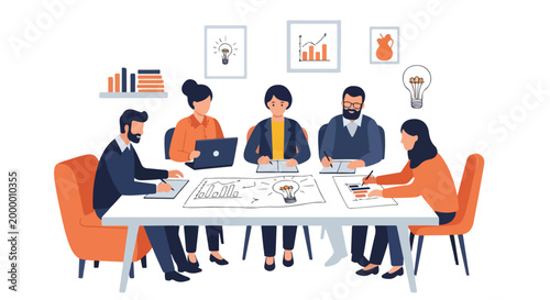 Five diverse professionals collaborate at a conference table, brainstorming creative ideas with diagrams, notebooks, and digital tools.