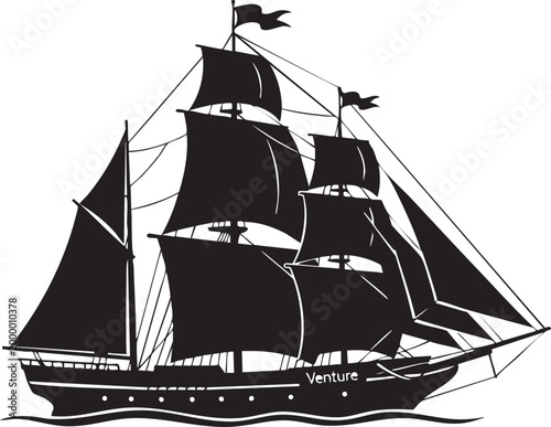 Foto Vintage sailing ship, black silhouette, Venture, sailing vessel, nautical icon