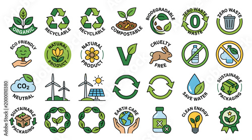 Environmental icon and badge set with recycle symbols, green energy, water saving, eco friendly labels, carbon footprint and sustainability emblems