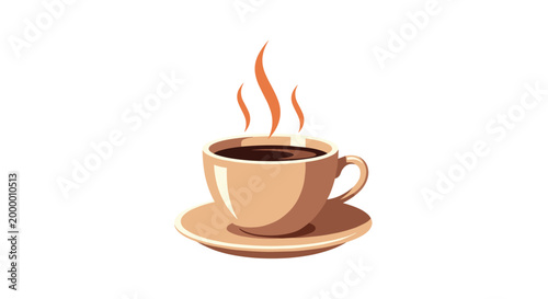 Simple illustration of a steaming cup of hot coffee or tea sitting on a saucer with white steam rising against a plain background.