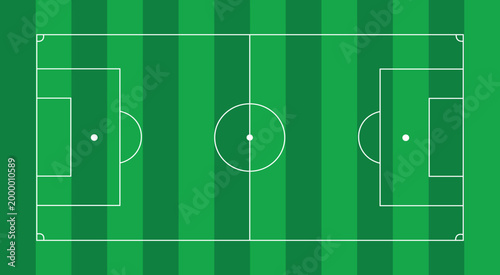 Top view of football or soccer field with green grass stripes. Vector illustration of professional sports stadium pitch for game background and match layout.